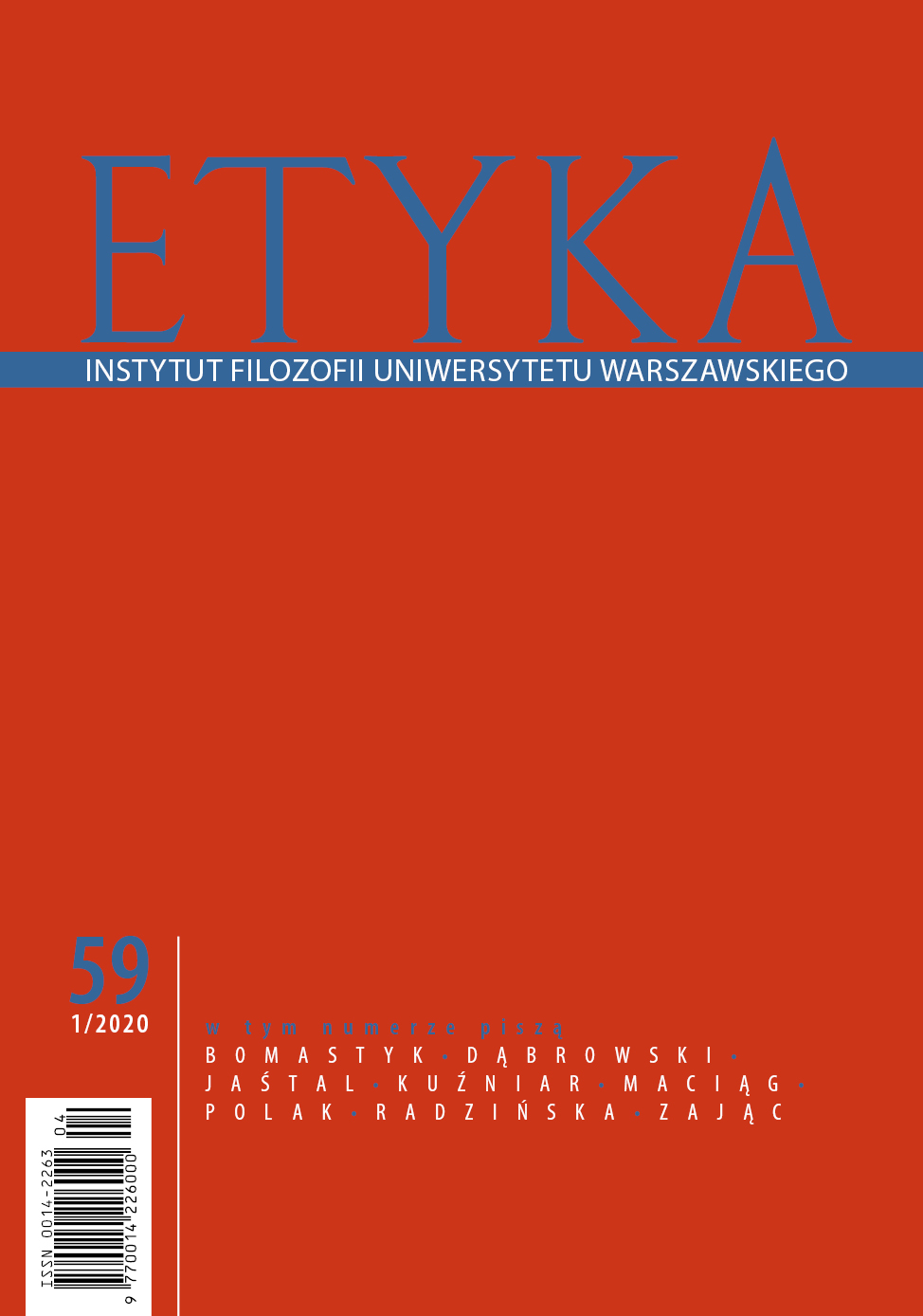 Na pomidorowoczerwonym tle niebieski tytuł "ETYKA", Instytut Filozofii Uniwersytetu Warszawskiego, tom 59 numer 1/2020, w tym numerze piszą: Bomastyk, Dąbrowski, Jaśtal, Kuźniar, Maciąg, Polak, Radzińska, Zając
